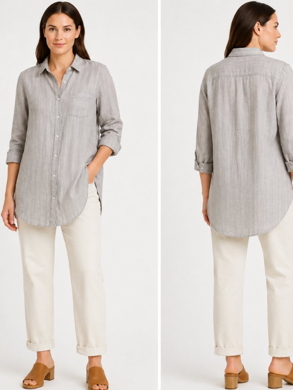 Foxcroft Blouse Shirt Top Long Button Tunic Gray 100% Tencel Collared 12 Women